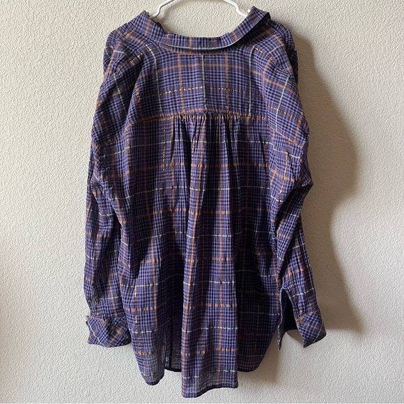 Free People Break My Stride Purple Metallic Plaid Oversized Button Up Shirt M - Picture 4 of 7